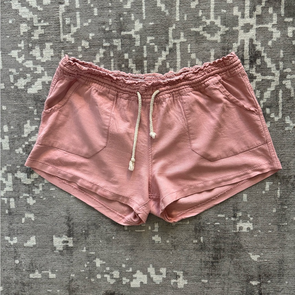 Cali1850 Women's Pink Linen Drawstring Shorts Smocked Waist Lounge Beach Pockets